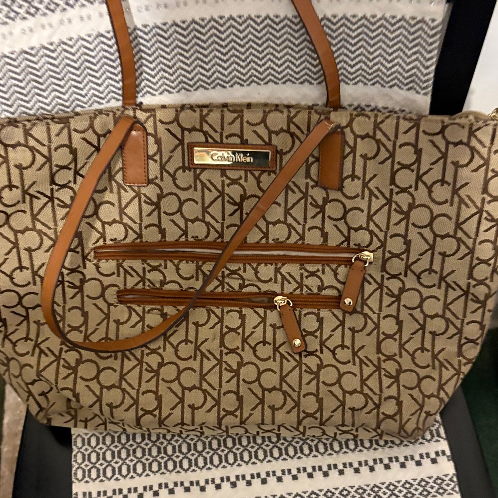 Calvin Klein Beige and Brown Monogram Tote